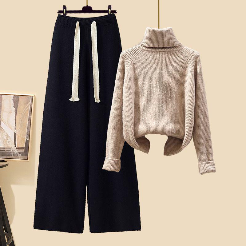 Women's Autumn 2024 Three-Piece Set: Mid-Length Cardigan Jacket, High-Neck Sweater, and Slim Wide-Leg Pants