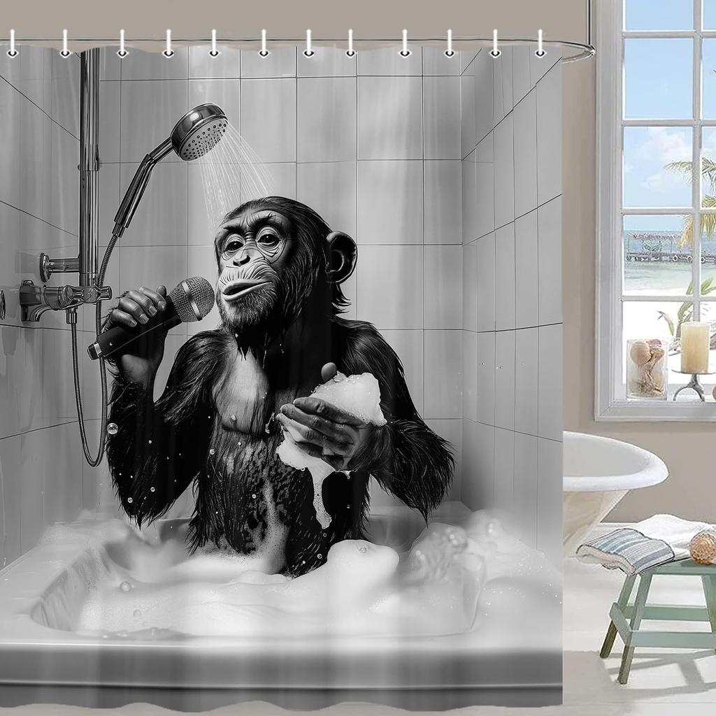 Funny Monkey Printed Shower Curtain Chimpanzee Singing In Bathtub For Bathroom Decor