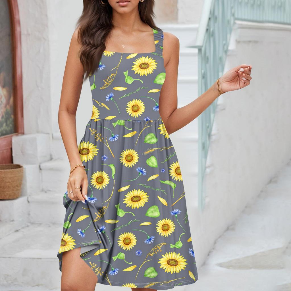 Damen Sommer Casual Square Neck Kleid mit Taschen Süßes ärmelloses A-Linien-Westen-Midikleid mit hoher Taille