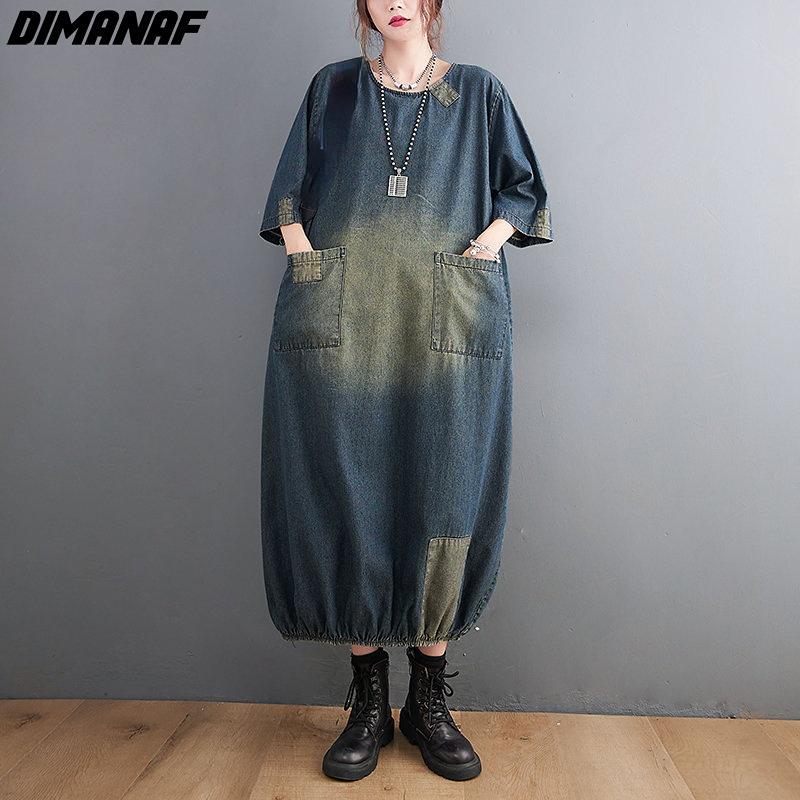 DIMANAF Plus Size Women 2025 New Dress Denim Autumn Long Sleeve Vintage Dress Long Dress Loose Dress Blue Basic Dresses