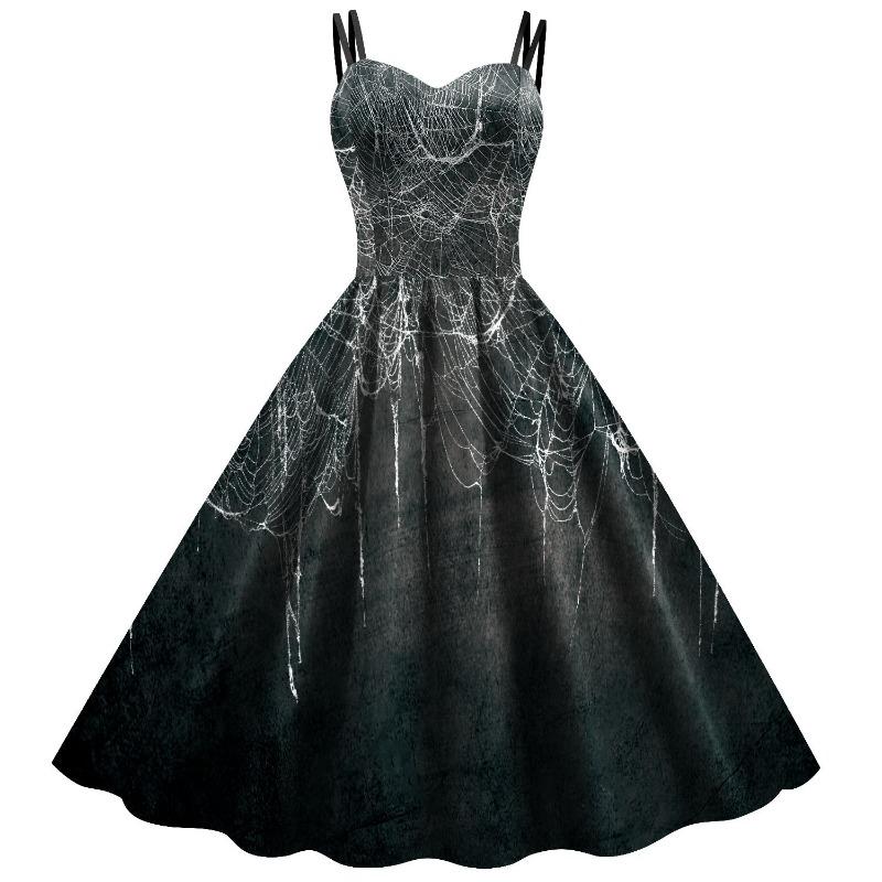 Women's Skirt Women's Halloween New Suspender Skull Head Spider Web Digital Printing Dress