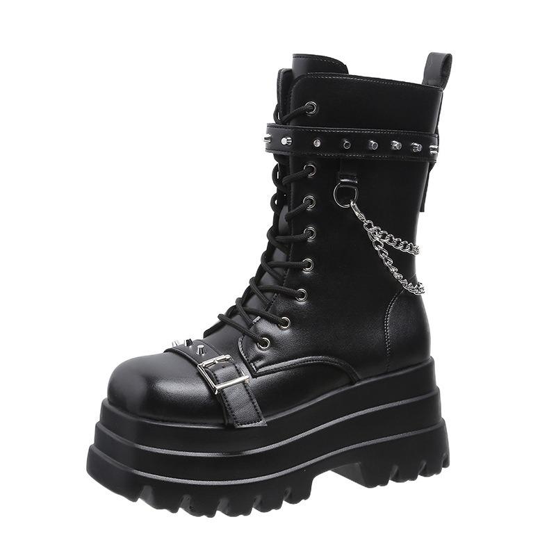 Fashion Platform Thick Gothic Boots Lady Buckle Autumn Shoes Women Wedges Mid-calf Boots Punk Street Cosplay Chain Motorcycle Botas