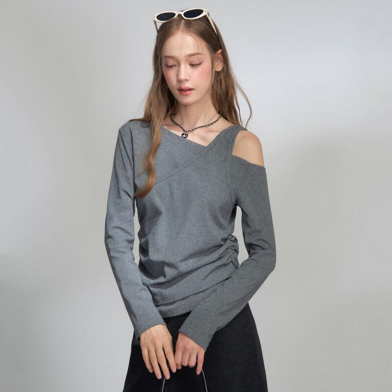 A02 Designer Asymmetric Off-Shoulder Long Sleeve Ruched Top