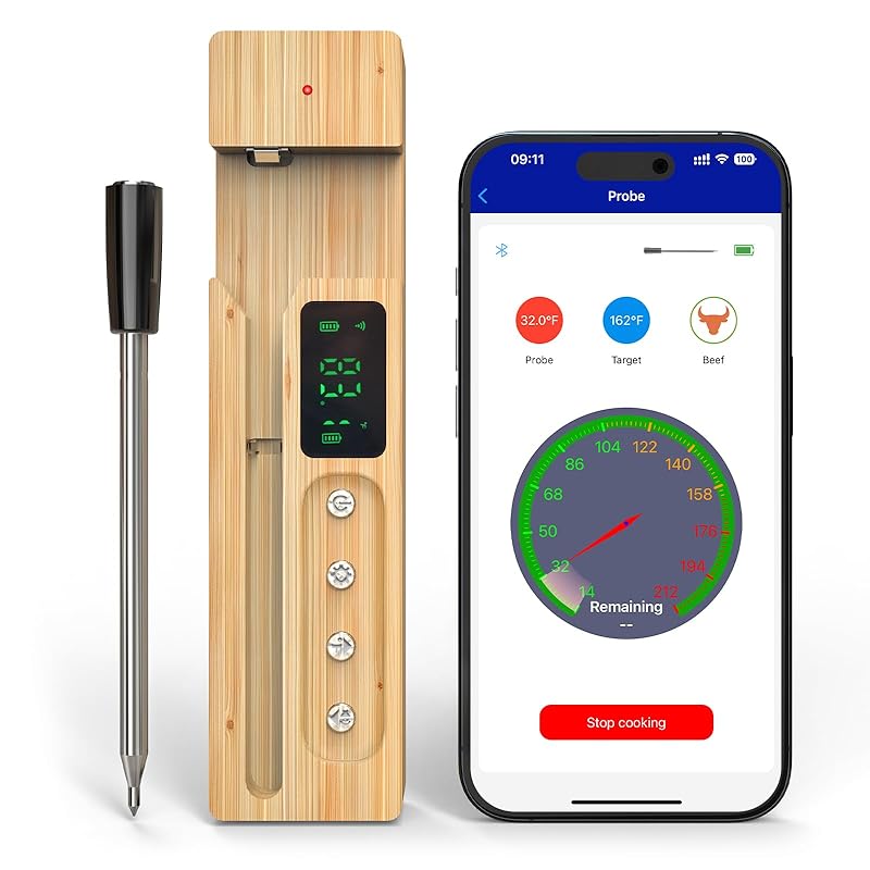 Smart Wireless Meat Thermometer, Meat Thermometer Digital for BBQ, Oven | Bluetooth & App-Enabled | Base with Charging and Temperature Display Support Bluetooth APP