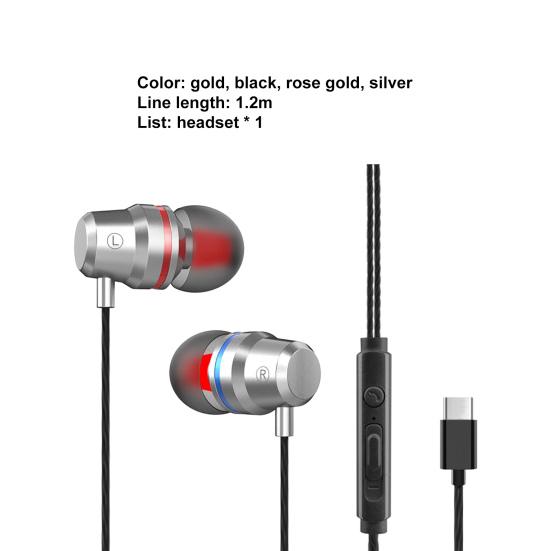 YT1 Wired Earbuds In-ear Heavy Bass Metal Type-C Wire Control Music Earphones for Gaming