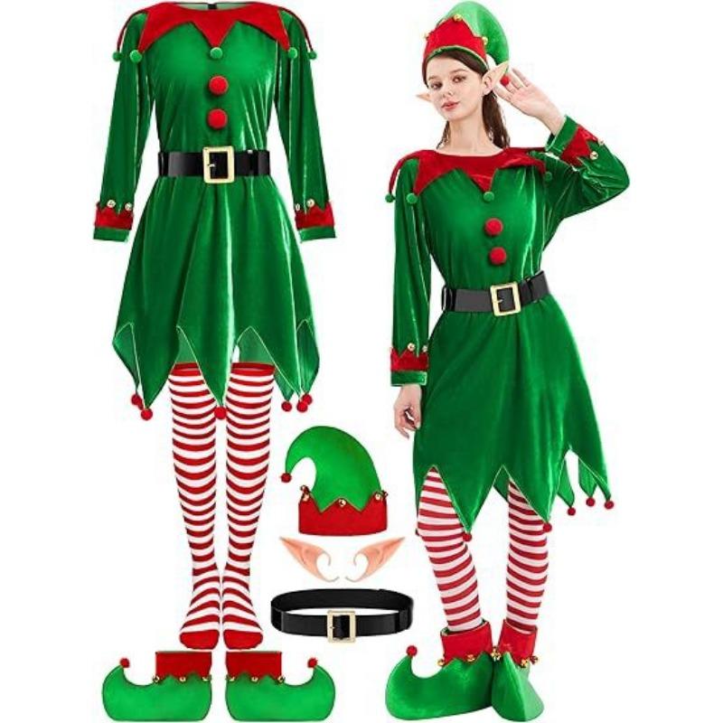 Adult Men's and Women's Christmas Elf Costume Dress Green Elf Costume Christmas Performance Costume