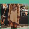 Sleeve Neck Fashion Long V Bohemian Dresses Vintage Pattern Printed Lace Loose Dress New Spring Tassel Patchwork Womens Dress