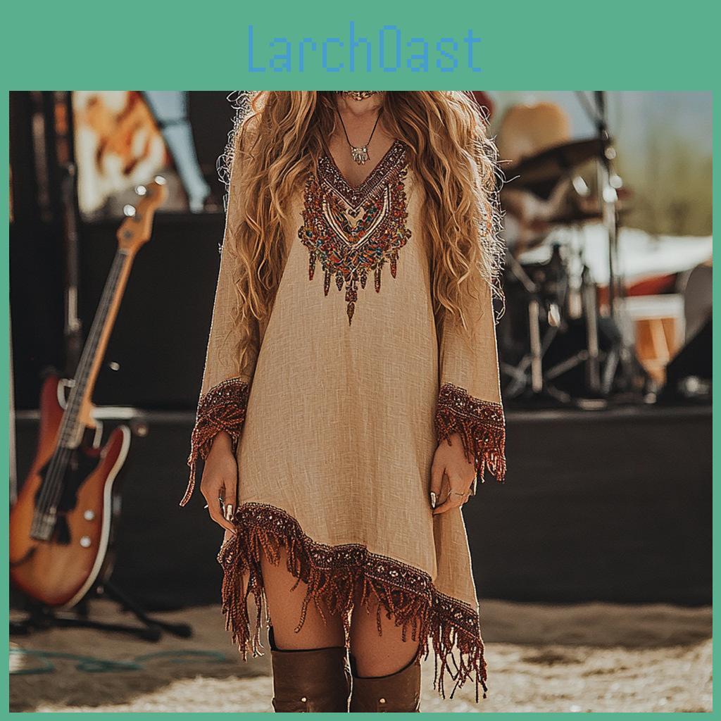 Sleeve Neck Fashion Long V Bohemian Dresses Vintage Pattern Printed Lace Loose Dress New Spring Tassel Patchwork Womens Dress