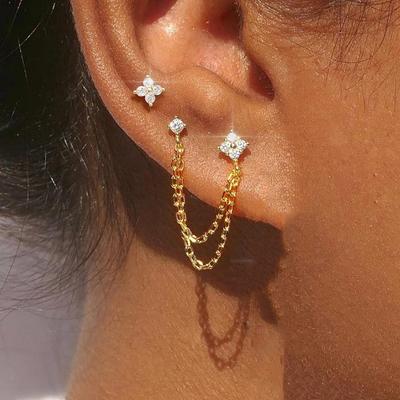 ZAKOL 1 Pair Colored Zircon Four-leaf Flower Stud Earrings Ear Piercing Chain Helix Tragus Cartilage Ear Accessories for Women