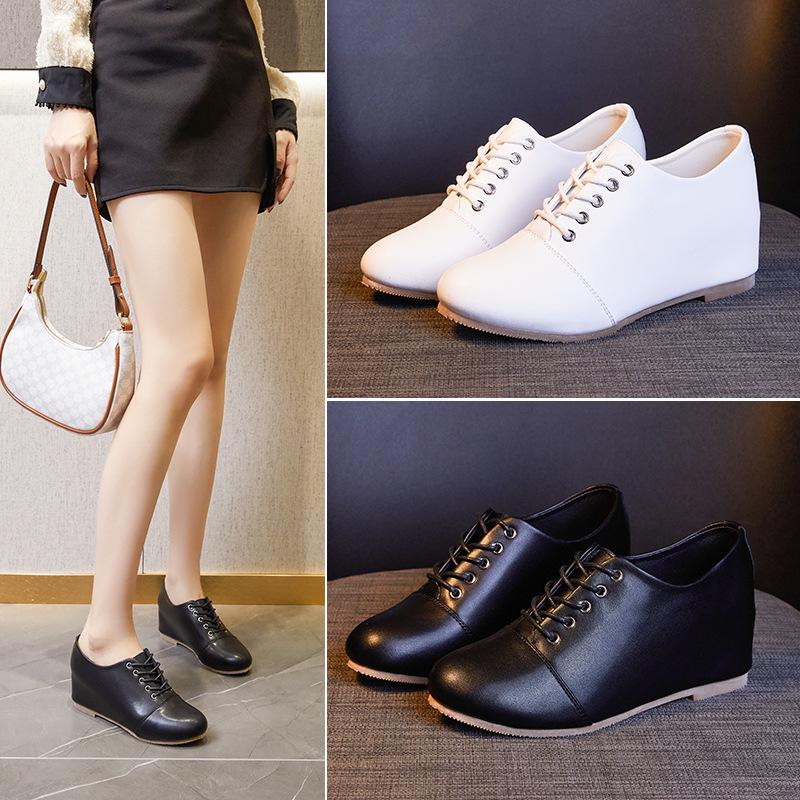 Autumn 2025 Platform Round Toe White Genuine Leather Women s Lace-up Shoes - Hidden Height, Casual & Versatile. 36 чёрный
