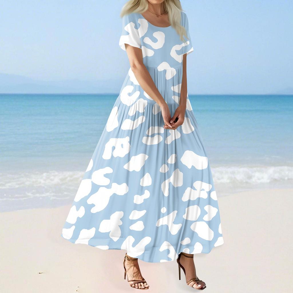 Damen Sommer Casual Blumendruck Kurzarm O-Ausschnitt Hohe Taille A-Linie Stufen Fließendes Boho Maxikleid