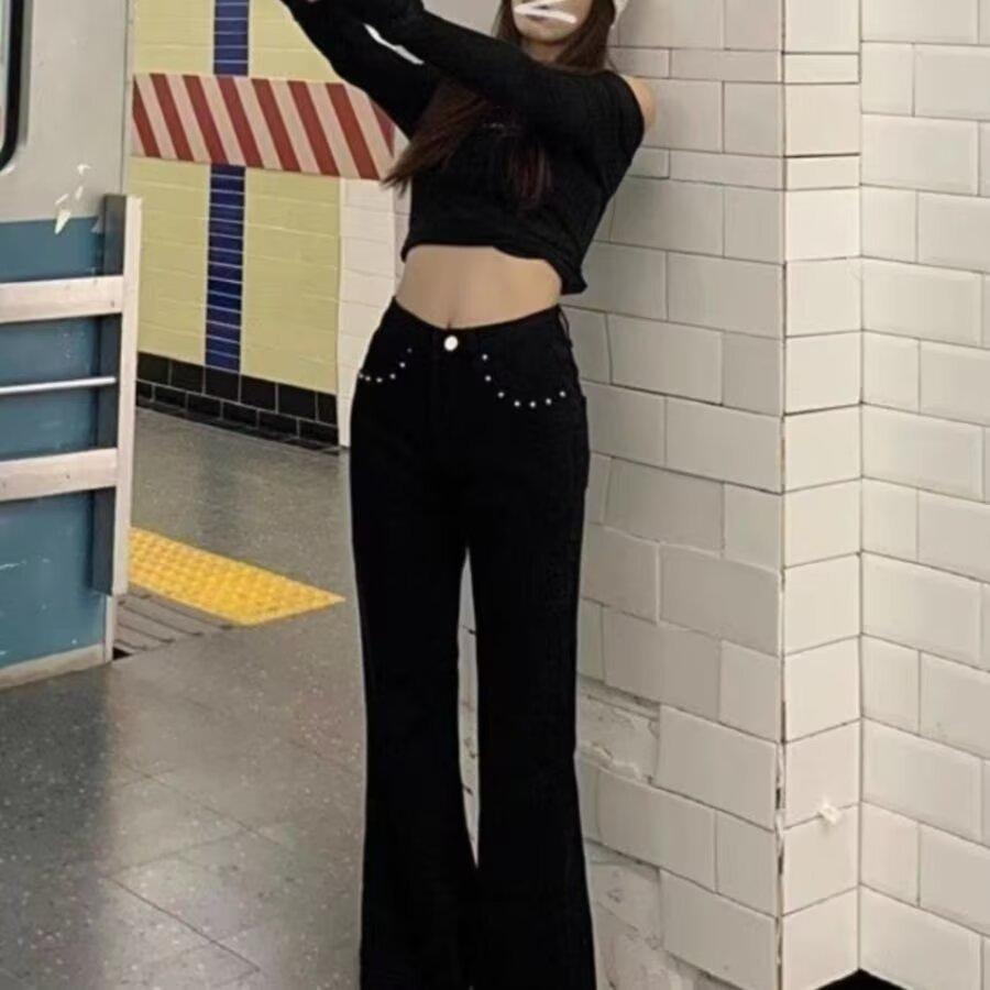 

Женские черные джинсы с завышенной талией, стройнящие, микроклеш - Универсальный корейский стиль для весны и осени XXL чёрный