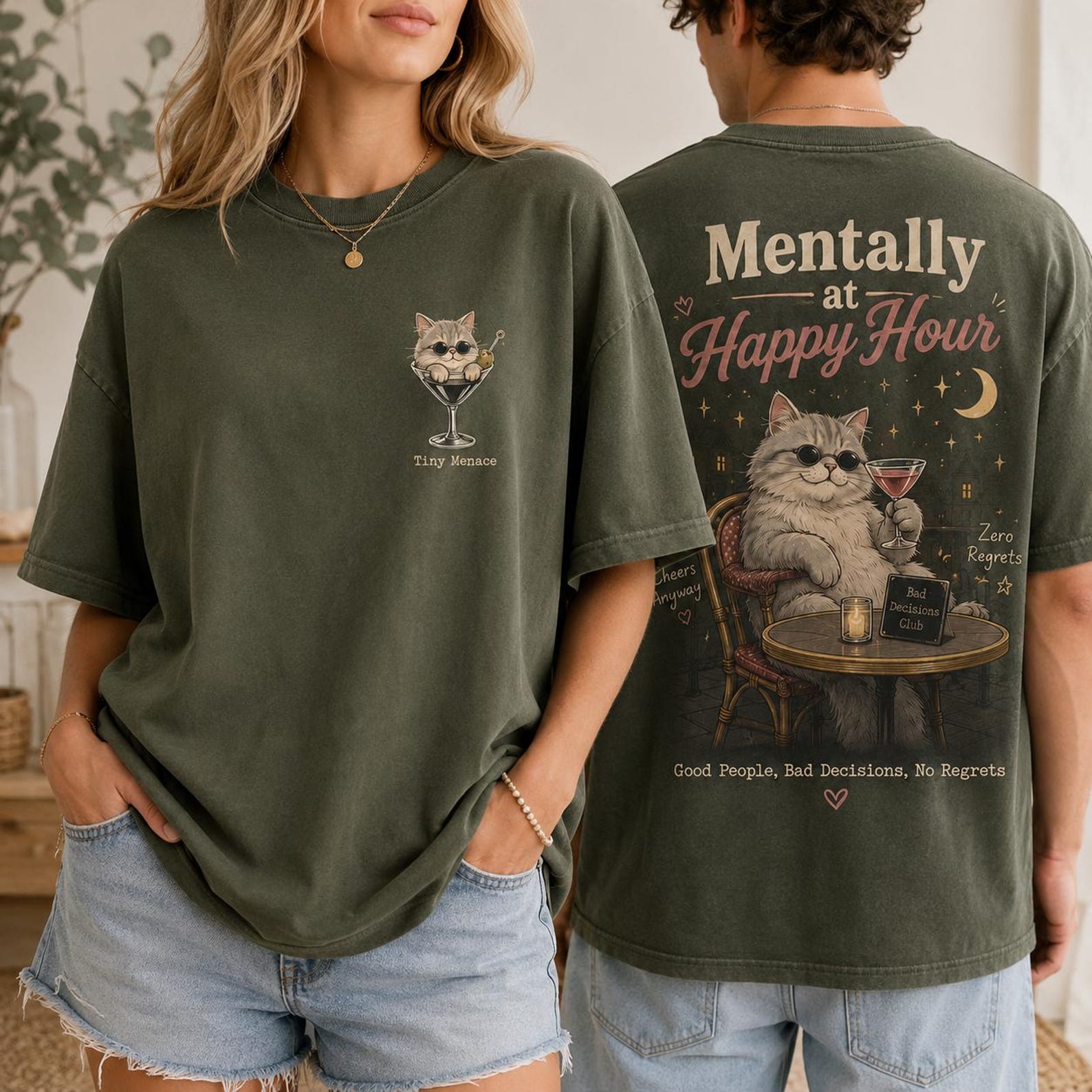 Mentally At Happy Hour Cat Shirt, Funny Cocktail Cat Tee, Tiny Menace Comfort Colors Style Shirt, Cat Mom Gift S