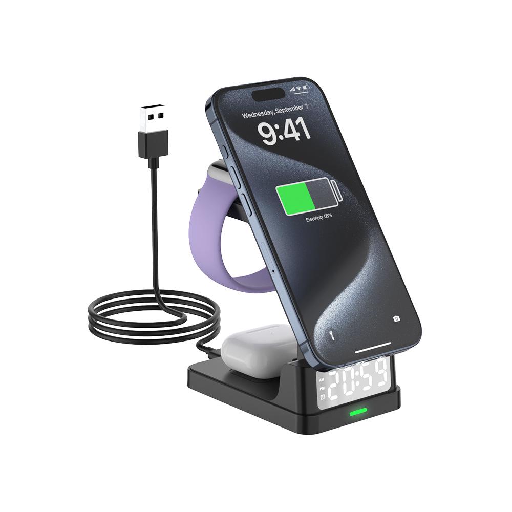 3-in-1 Wireless Charger: Alarm Clock, Magnetic Phone Stand, Fast Charging for Apple Watch & Earphones