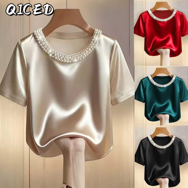 QICED Women's Fashion Casual Solid Color Print Short Sleeve O-Neck Blouses & Shirts