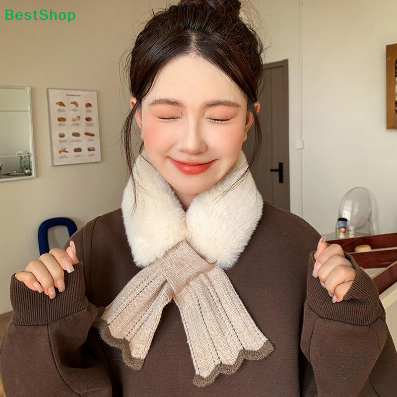  Solid Color Winter Neck Warmer Faux Rabbit Fur Thicken Cross Collar Scarf Neck Warmer Plush Scarf Cold Weather