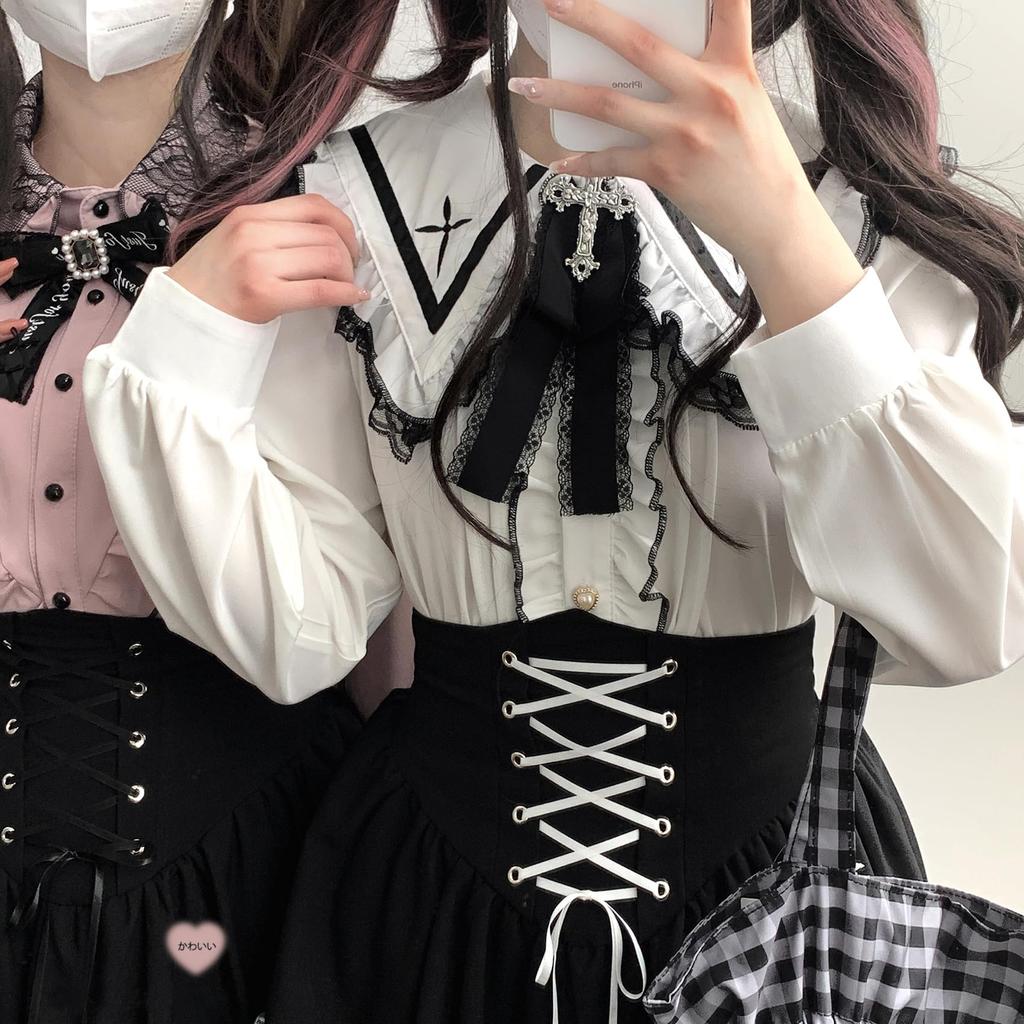 Cute Sailor Collar Blouse for Long Detachable Cross Ribbon Lace and Color Striped Stylish French Girly Perfect for and White [XHSUKADO] Women,