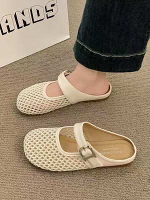 Internet Celebrity Hollow with Skirt Bag Head Slippers 2025 Summer New Popular Flat Bottom Mesh Half Drag Ins Breathable Sandals
