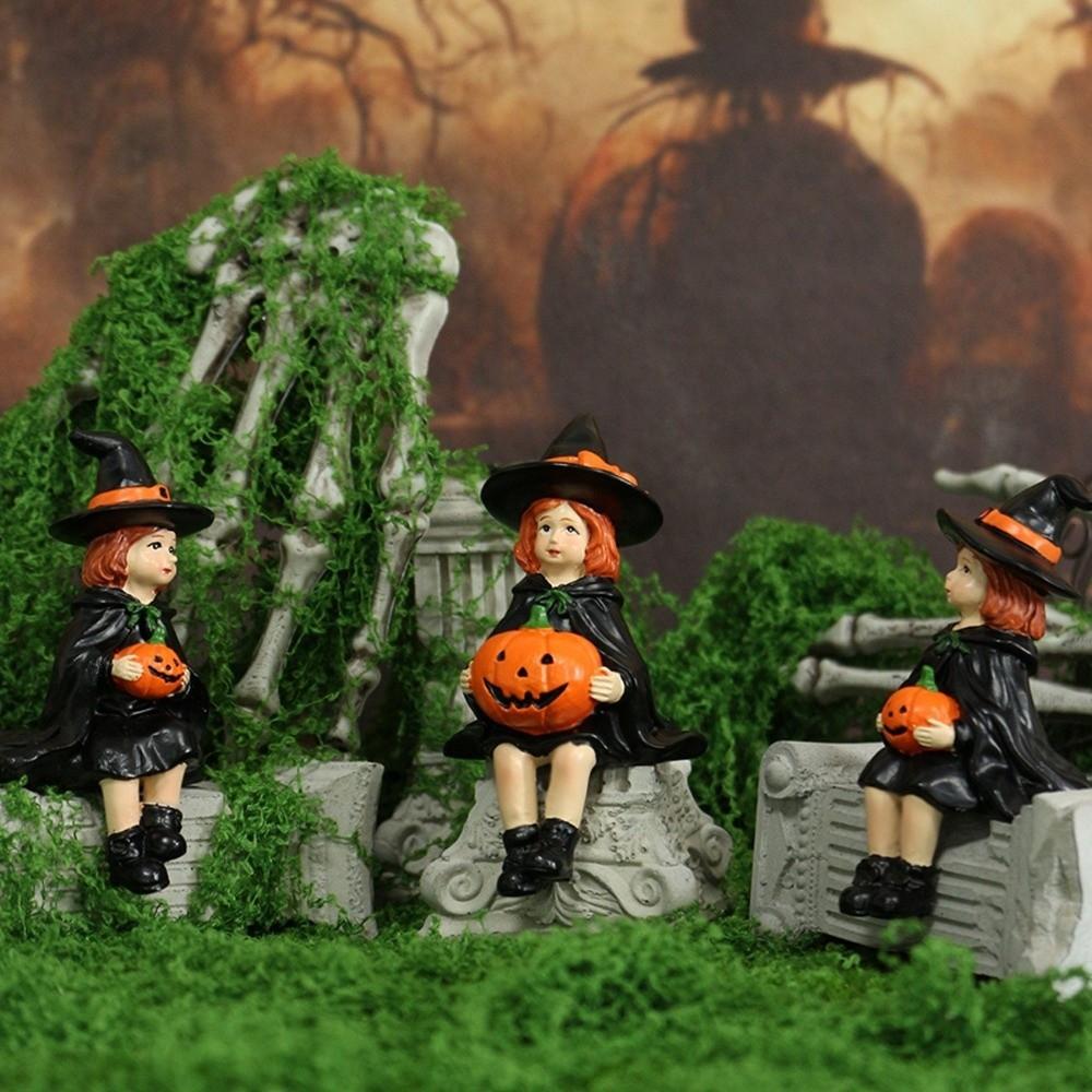 3pcs Resin Crafts Witch Holding Pumpkin Statue Cute Witch Ornament Pumpkin Witch Figurine  Fireplace