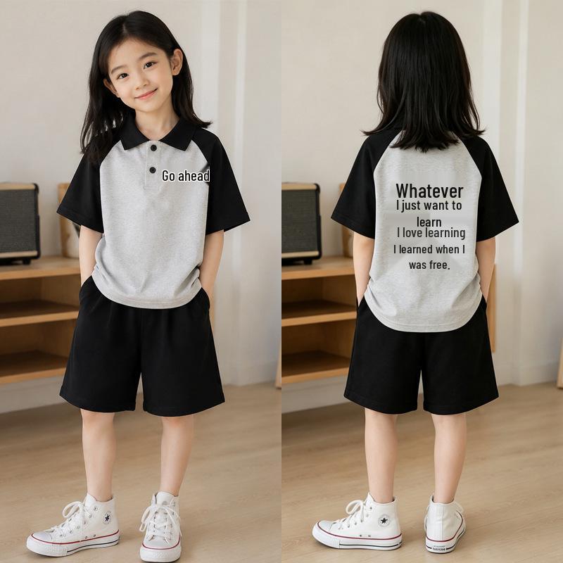 Girls' Korean Style Short-Sleeve Lapel T-Shirt and Patchwork POLO Shirt Set – Summer Casual Two-Piece Outfit for Medium & Large Children