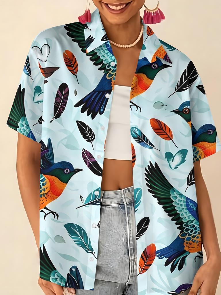 Love printed short-sleeved shirt women's summer loose casual lapel shirt retro niche top