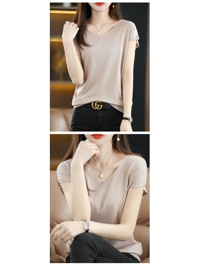 2023 Women's Ice Silk V-neck Summer Top: Short Sleeve T-shirt & Sleeveless Knitted Vest