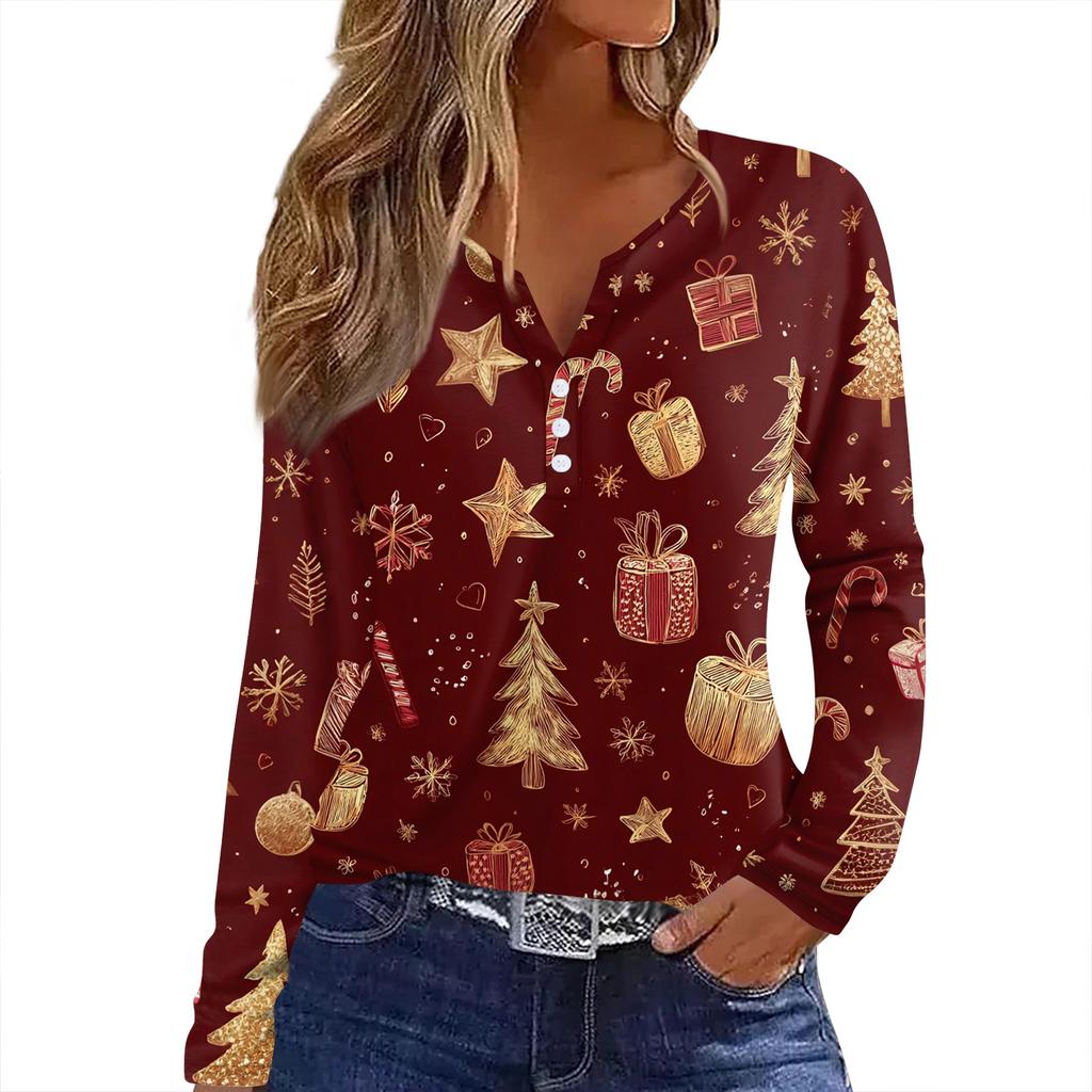 Women's T Shirt Tee Christmas Print Button Long Sleeve Daily Weekend Fashion Basic V- Neck Regular Top