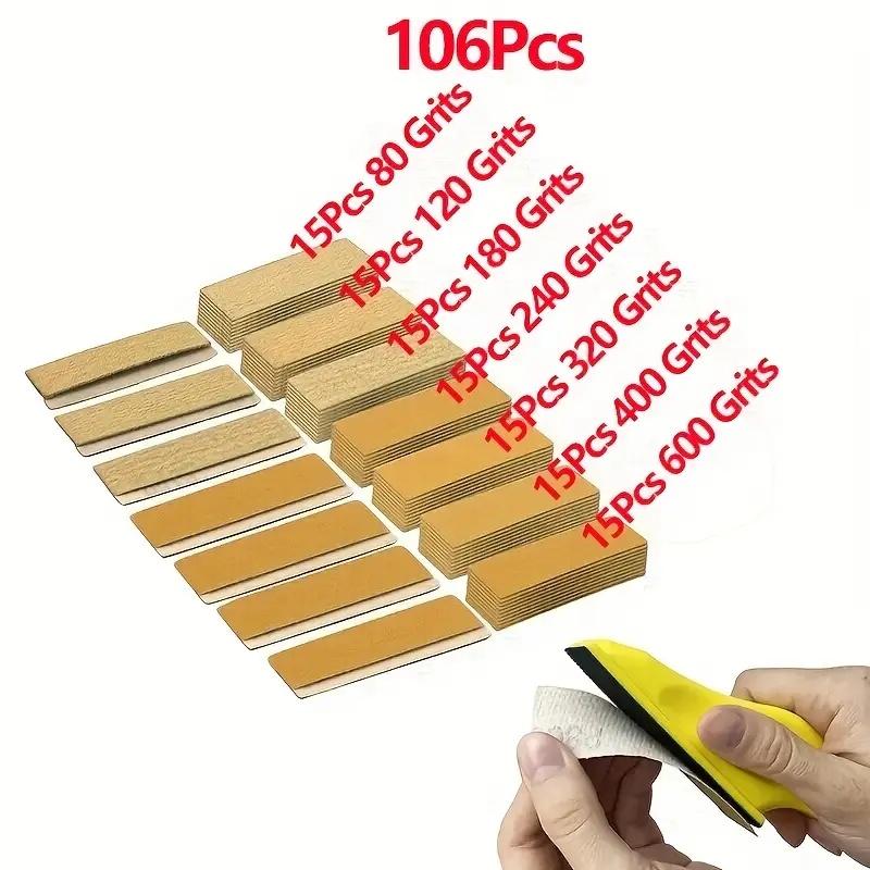 15/36/106pcs Mini Polishing Kit, Medium Grind Aluminate Sandpaper, Plastic Handle for Woodworking and Tight Spaces