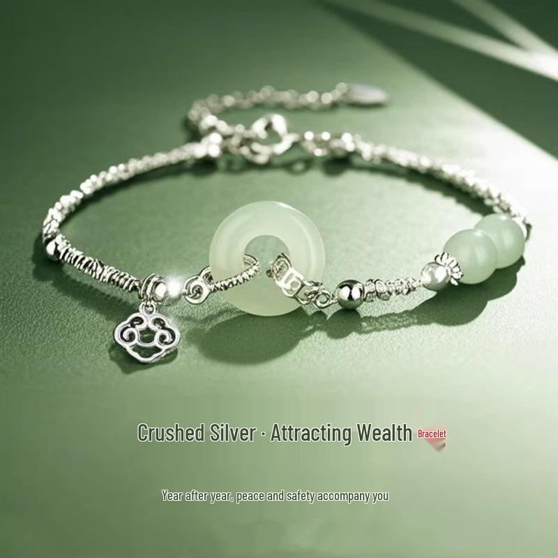 Silver Crushed Wealth Jade Peace Buckle Bracelet - Women's 2025 Edition Bangle, Qixi Festival Gift for Girlfriend