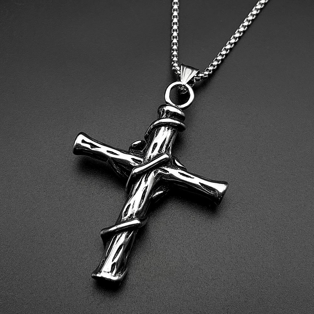 Stainless Steel Christian Rose Flower Jesus Cross Pendant Necklaces for Men Women Silver Color Vintage Chain Faith Jewelry Gift