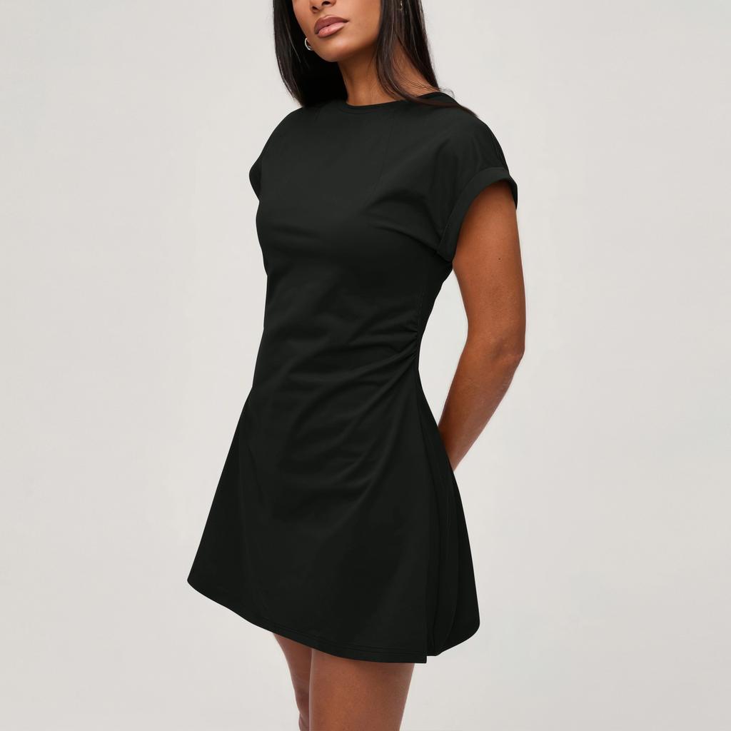 Women's High-waisted Color Short Sleeve Round Neck Pleated Dress