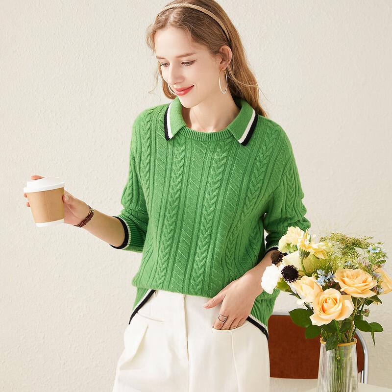 TUHUANG Women's Pure Wool Cable Knit Polo Sweater