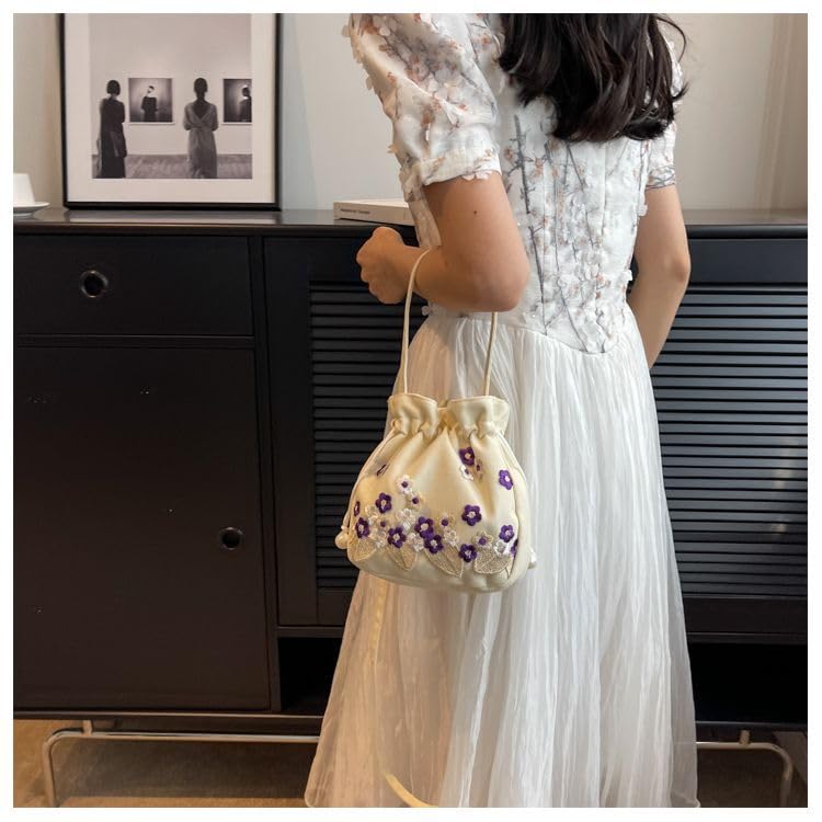 Liebendo Dragskopåse, Axelväska, Handväska, 2-vägs Dragskopåse, Broderat Blommönster, Perfekt för Yukata, Japanska Kläder, Sommar