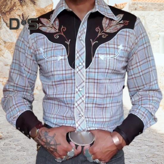 Men Spring Shirt Vintage Western Cowboy Print Single-breasted Slim Fit Long Sleeve Turn-down Collar Buttons Streetwear Casual Business Cardigan Shirt