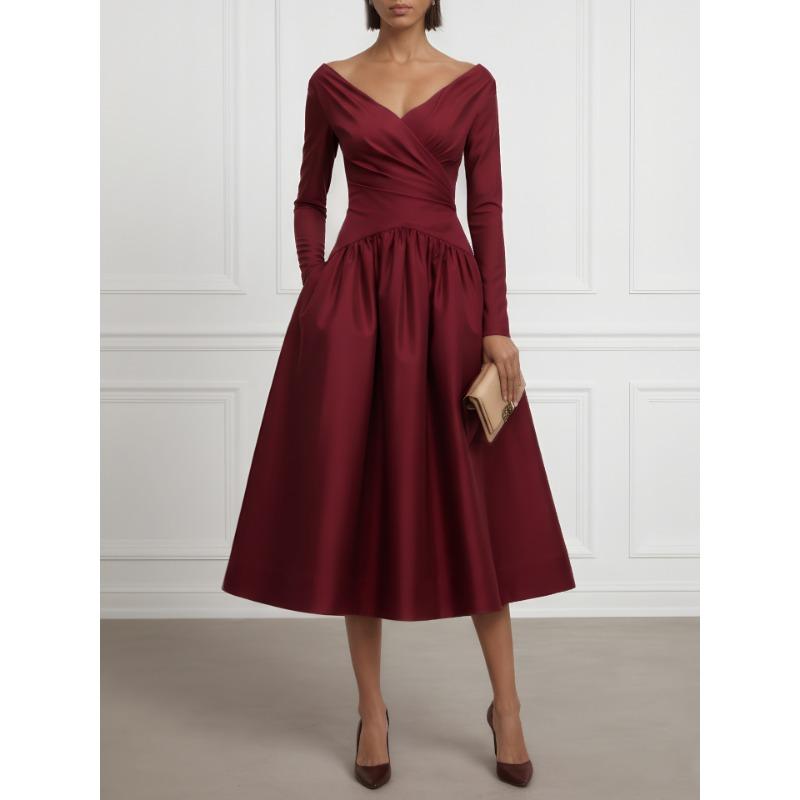 TIFICY Moda feminina primavera outono cor sólida estampa manga comprida decote em v cintura alta vestidos casuais
