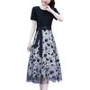 Women's Black Mesh Patchwork Faux Two-Piece Short-Sleeve Dress, Summer 2024 - Waist-Cinching Tie-Up Design.