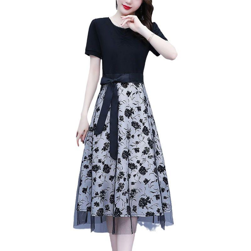 Women's Black Mesh Patchwork Faux Two-Piece Short-Sleeve Dress, Summer 2024 - Waist-Cinching Tie-Up Design.