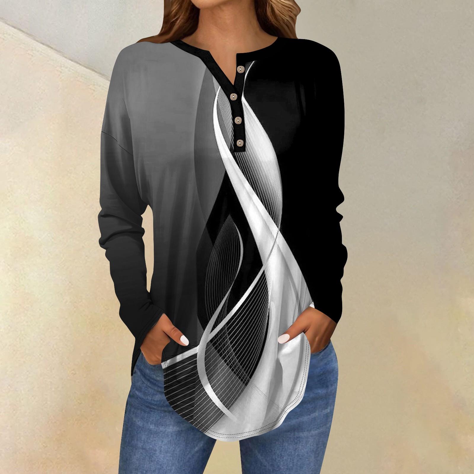 

Футболки для женщин, осенние повседневные рубашки с длинным рукавом на пуговицах, толстовки с винтажным графическим принтом, топ-пуловер L чёрный