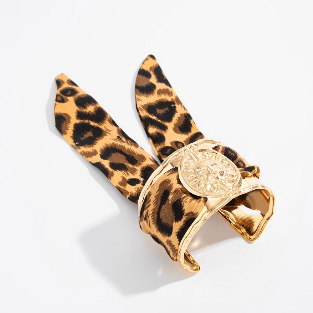 Leopard Print Silk Scarf Cuff Bangles Ribbon-Wrapped Golden Metal Wide Bracelet Retro Geometric Ethnic Style Wristband Women