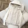 High-end fake two-piece knitted splicing sleeves fluffy hooded short jacket women's small warm cotton clothes trendy