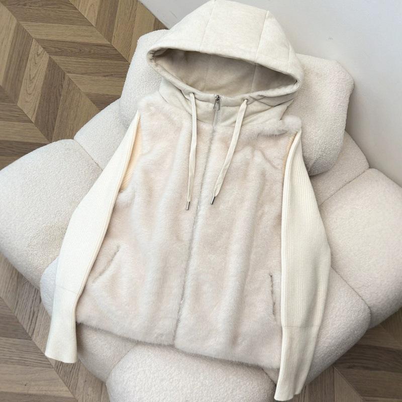 High-end fake two-piece knitted splicing sleeves fluffy hooded short jacket women's small warm cotton clothes trendy