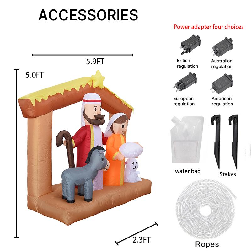 5.91FT Inflatable Toy Jesus Donkey Lamb Nativity With LED Lights Xmas Decorations for Yard Supplies Home Ornament Festive Gifts
