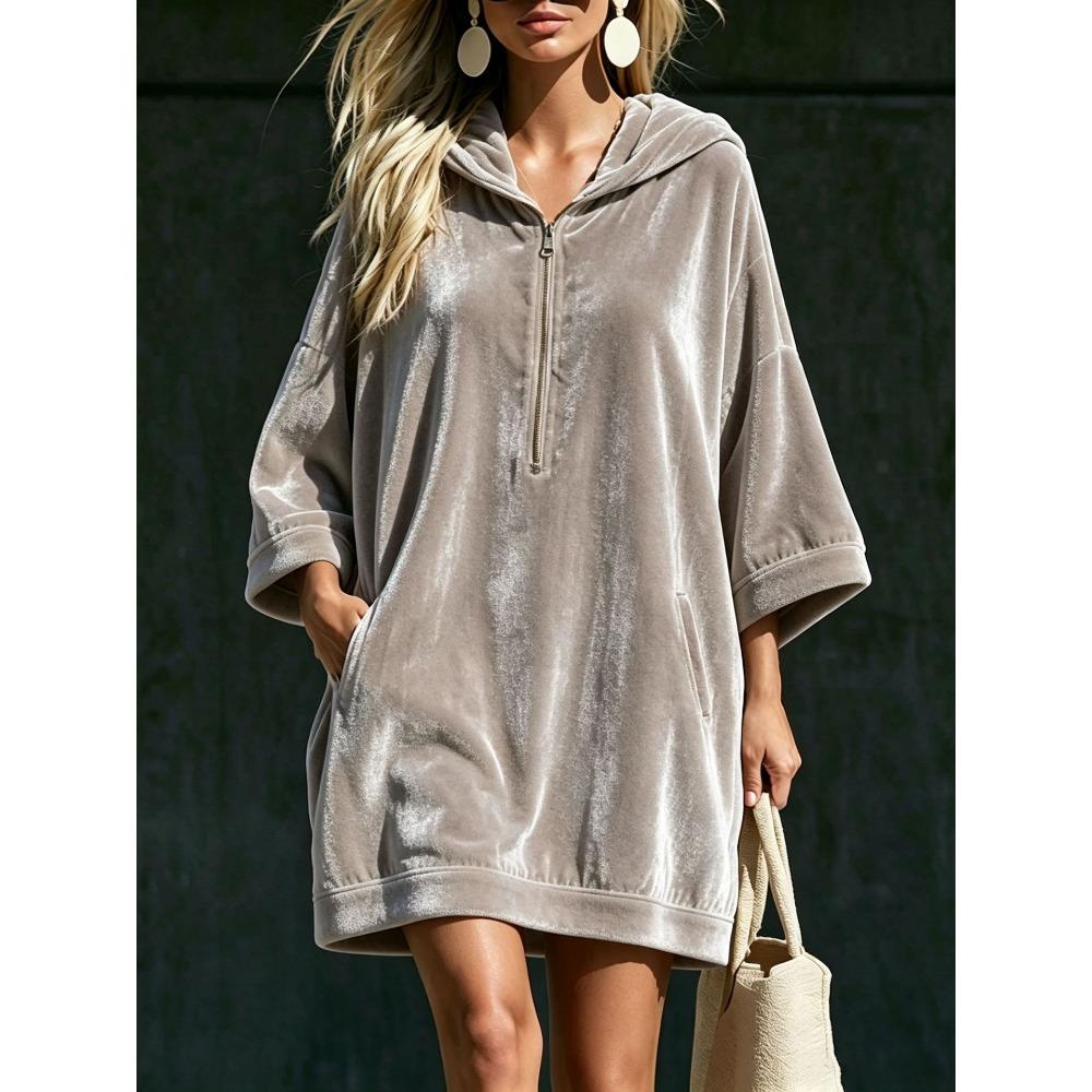 Autumn Winter Velvet Hooded Dress Half Zip 3/4 Sleeve Pocket Long Sweatshirt Dress Women Casual Hoodie Midi Dress