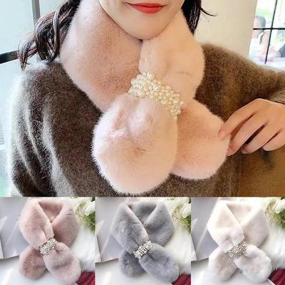 New Women's Winter Scarf Faux Fur Plush Pearl Scarf Faux Fur Thickening Warm Cross Stereo Scarfs New Scarfs Apparel Accessories