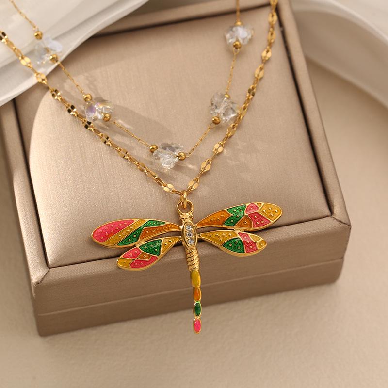 Colorful Dragonfly Pendant Necklace in 18K Gold-Plated Stainless Steel Clavicle Chain