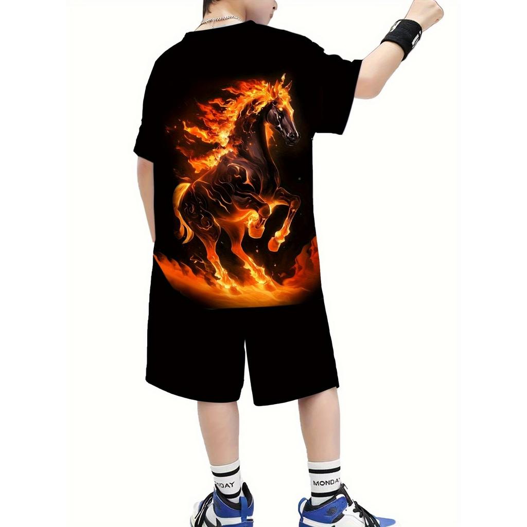 Boys' Casual Cool Flame Horse Pattern Short Sleeved T-shirt and Shorts Set