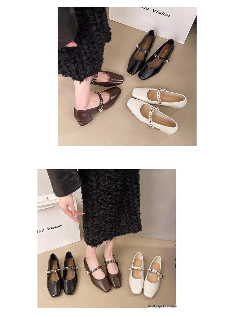 Women's French Retro Square-Toe Mary Janes - Spring Fashion Chain Chunky Heel Low-Cut Leather Shoes