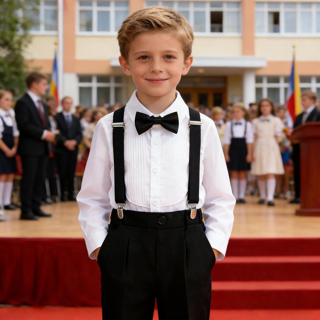 School Boys Suspender Trousers Formal Suit Shirt Bow Tie Kids Wedding Ring Bearer Piano Recital Birthday Photoshoot Gentleman Outfit for Boys 3-12Y