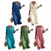 Summer Linen Dress for Women, Casual Beach A-Line Flowy Sundress, Short Sleeve V Neck Hollow Eyelets Long Dress