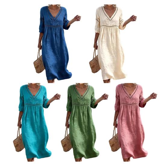 Summer Linen Dress for Women, Casual Beach A-Line Flowy Sundress, Short Sleeve V Neck Hollow Eyelets Long Dress